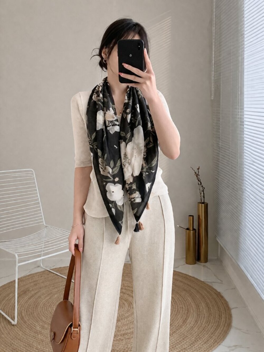 2/$30 NEW Floral Tasseled Scarf Black Long Rectangle Neutral Muted Minimalist